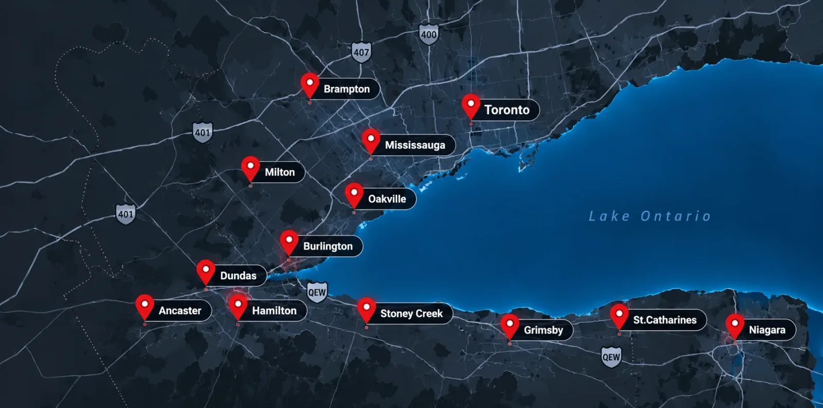 Map of the western Lake Ontario region showing the communities served by Trim-Line of Burloak: Toronto, Mississauga, Brampton, Oakville, Milton, Burlington, Dundas, Stoney Creek, Grimsby, St.Catharines, Niagara, Hamilton, Ancaster.